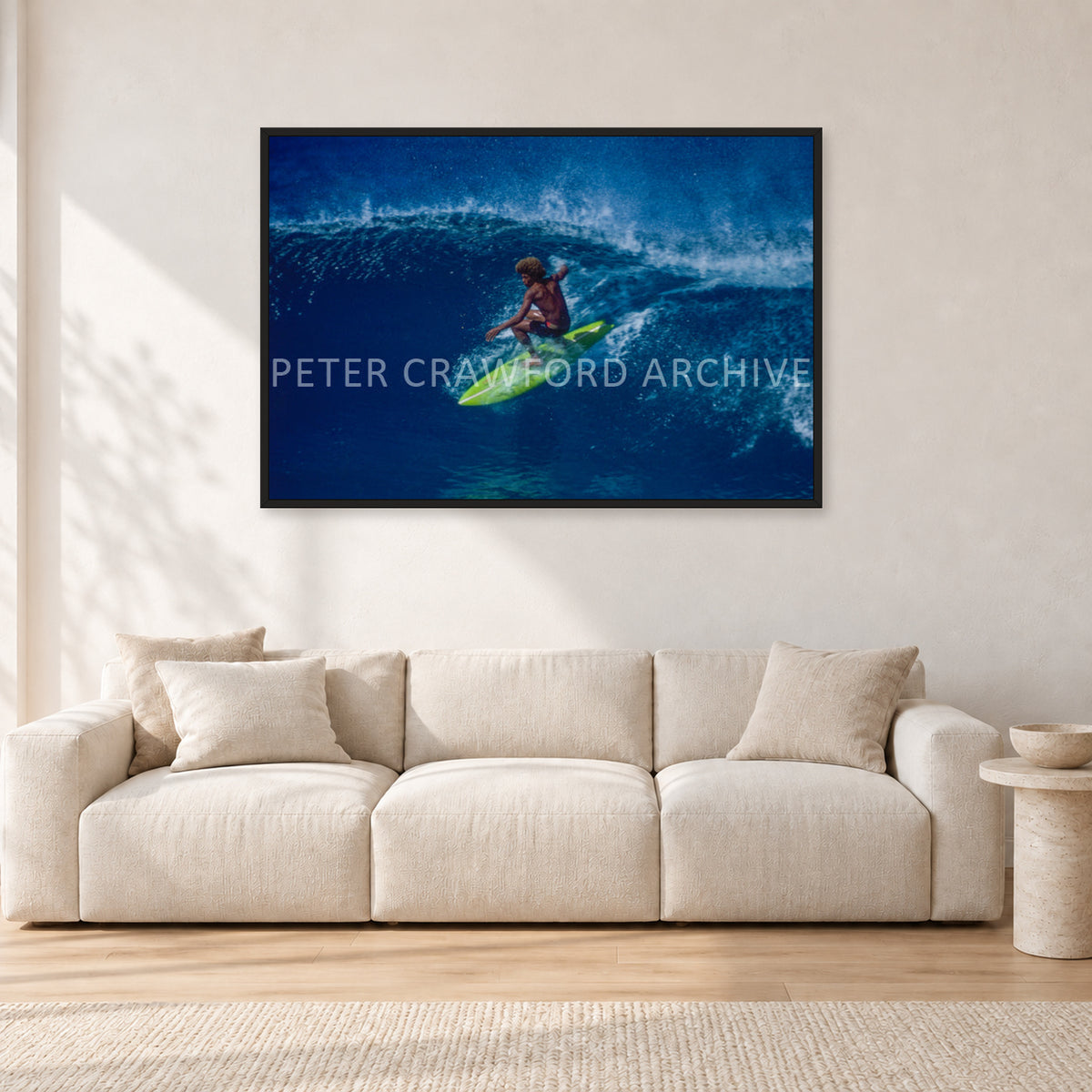Buttons, Off The Wall 1975 by Peter Crawford — 120 × 80 cm, black frame, shown in a light minimalist living room.