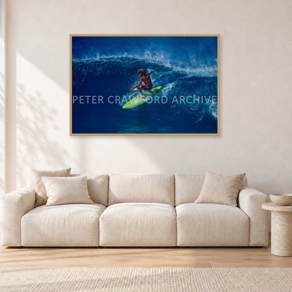 Buttons, Off The Wall 1975 by Peter Crawford — 120 × 80 cm, hayseed frame, shown in a light minimalist living room.