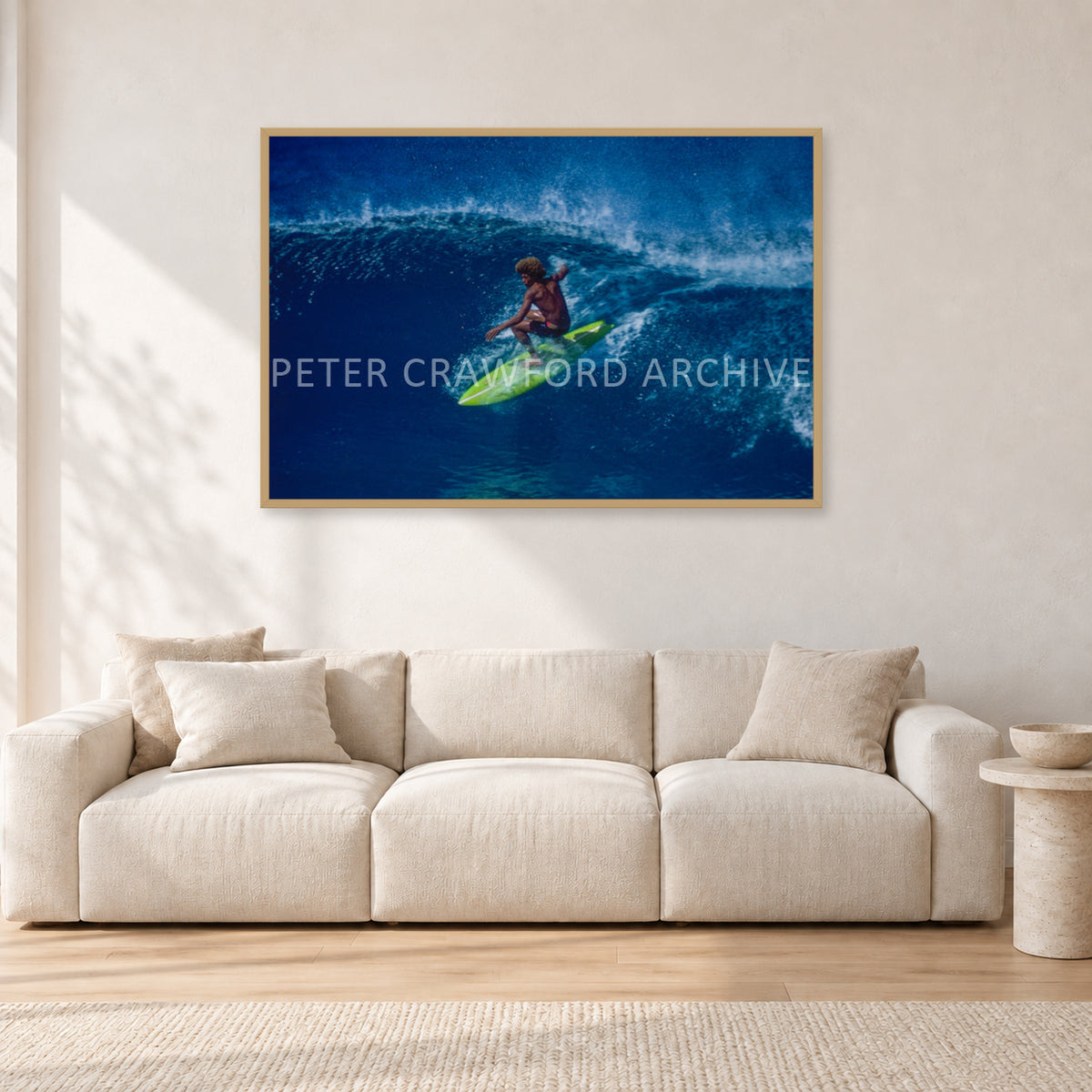 Buttons, Off The Wall 1975 by Peter Crawford — 120 × 80 cm, hayseed frame, shown in a light minimalist living room.