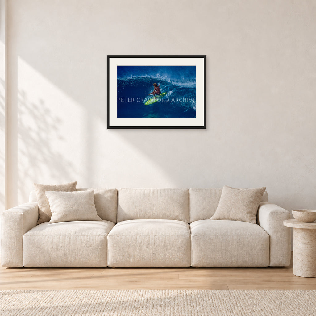 Buttons, Off The Wall 1975 by Peter Crawford — 60 × 40 cm, black frame with white mat, shown in a light minimalist living room.