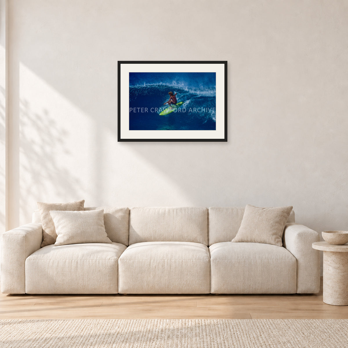 Buttons, Off The Wall 1975 by Peter Crawford — 60 × 40 cm, black frame with white mat, shown in a light minimalist living room.