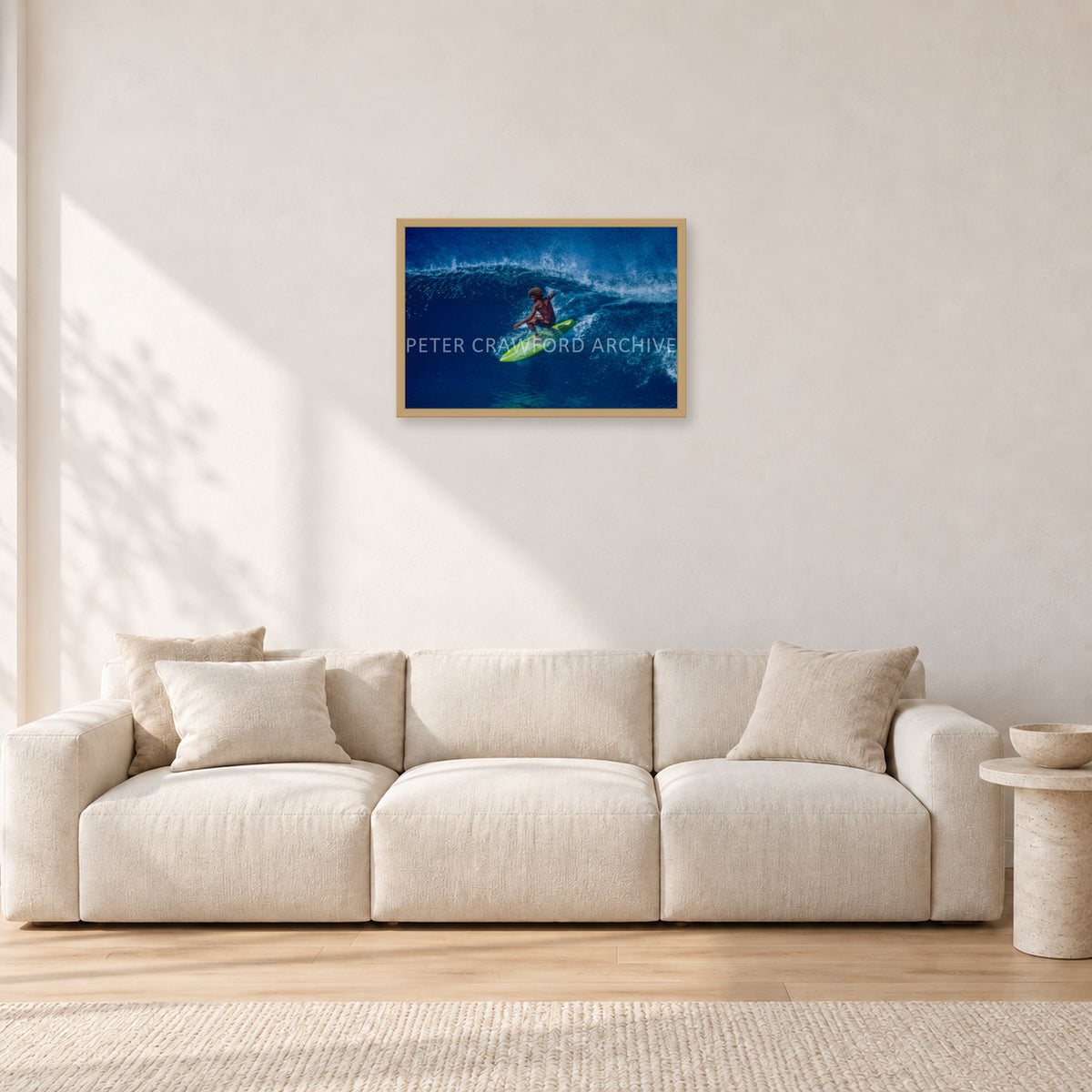Buttons, Off The Wall 1975 by Peter Crawford — 60 × 40 cm, hayseed frame, shown in a light minimalist living room.