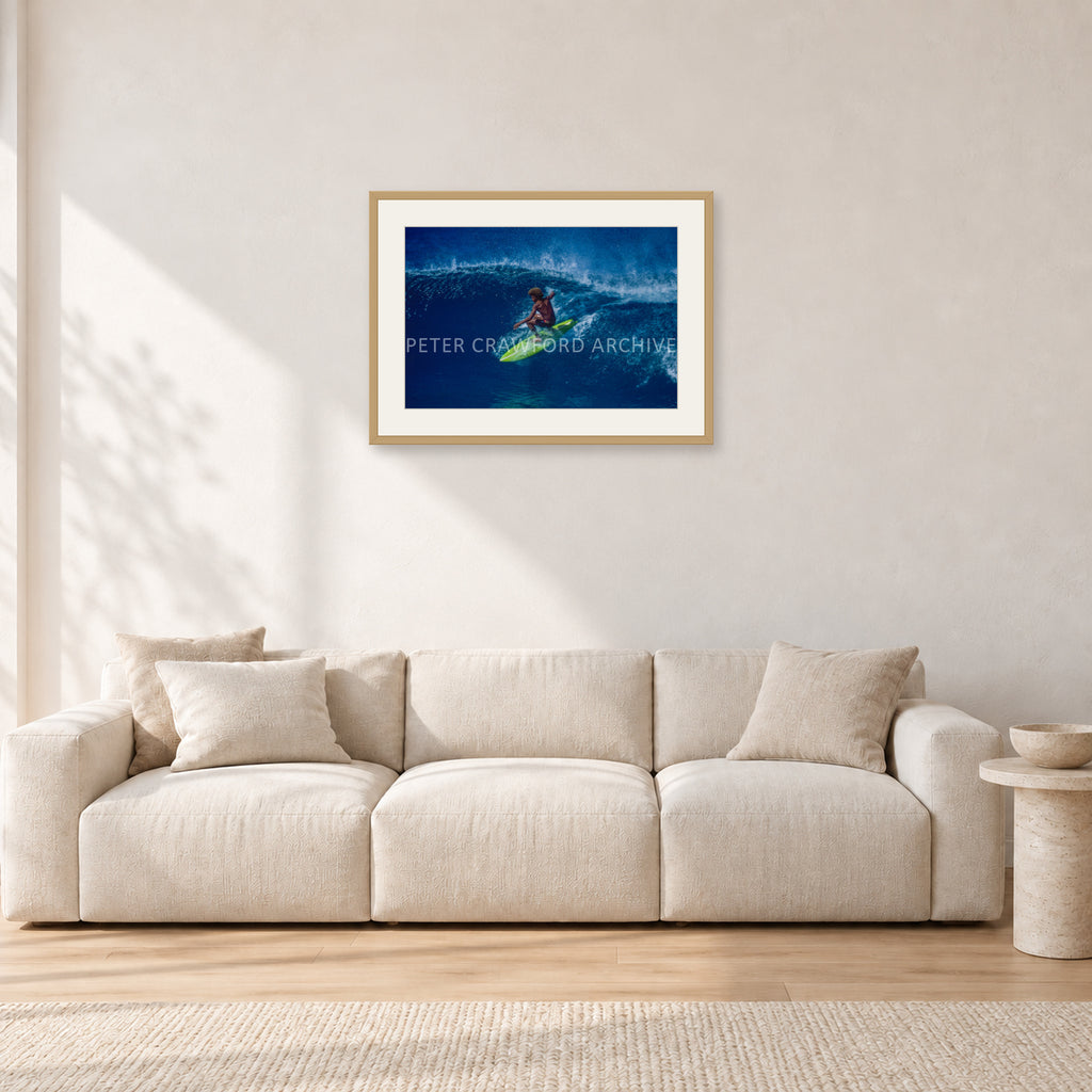 Buttons, Off The Wall 1975 by Peter Crawford — 60 × 40 cm, hayseed frame with white mat, shown in a light minimalist living room.