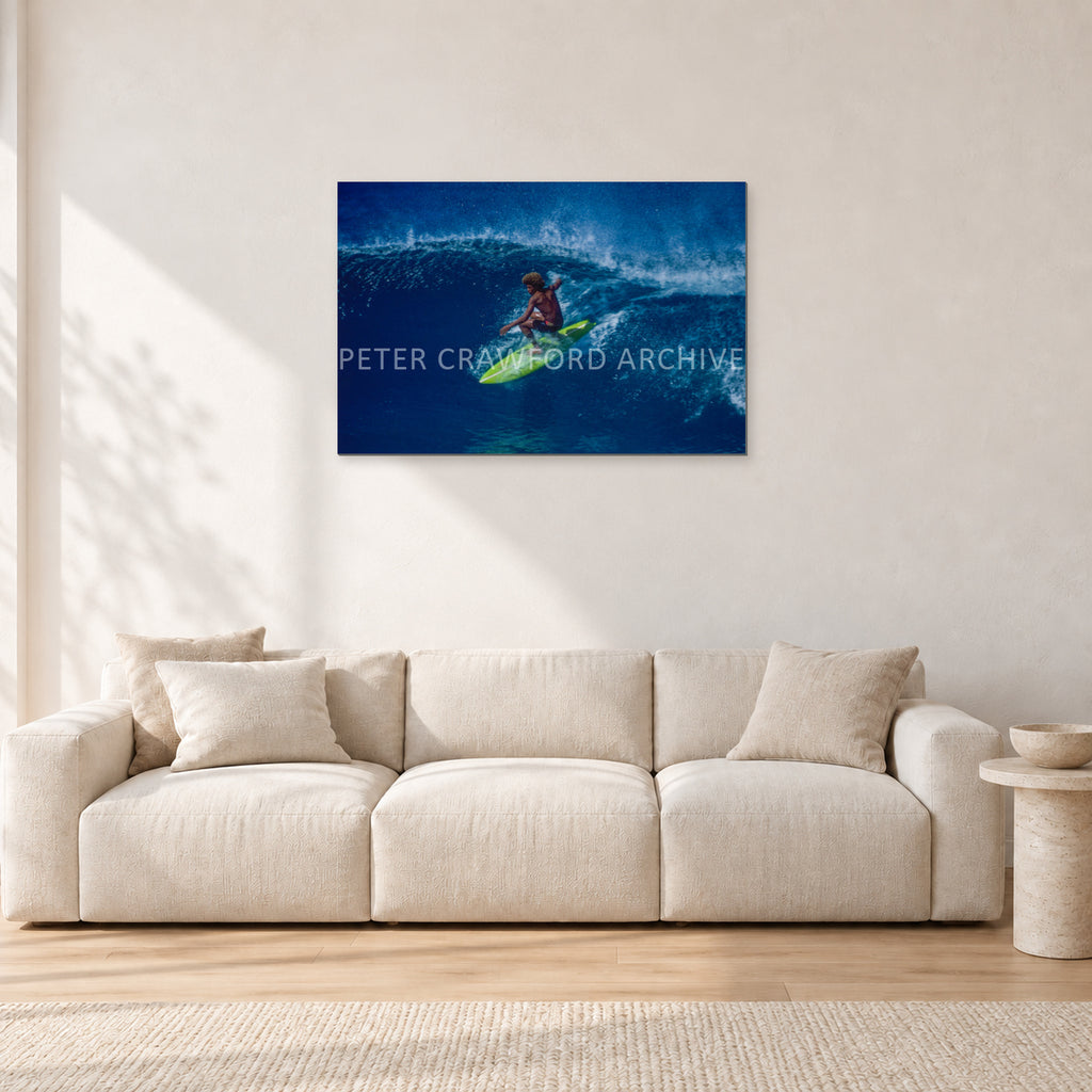 Buttons, Off The Wall 1975 by Peter Crawford — 90 × 60 cm, aluminium-mounted resin print, shown in a light minimalist living room.