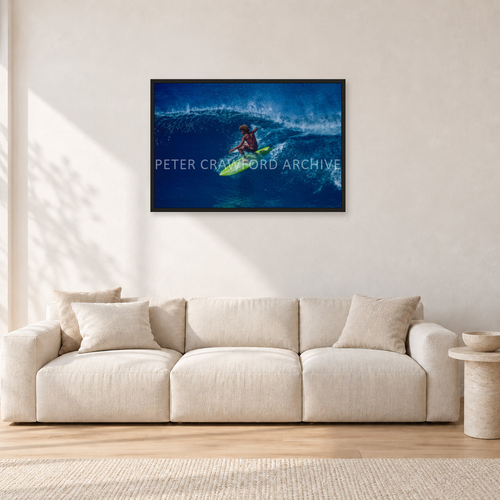 Buttons, Off The Wall 1975 by Peter Crawford — 90 × 60 cm, black frame, shown in a light minimalist living room.