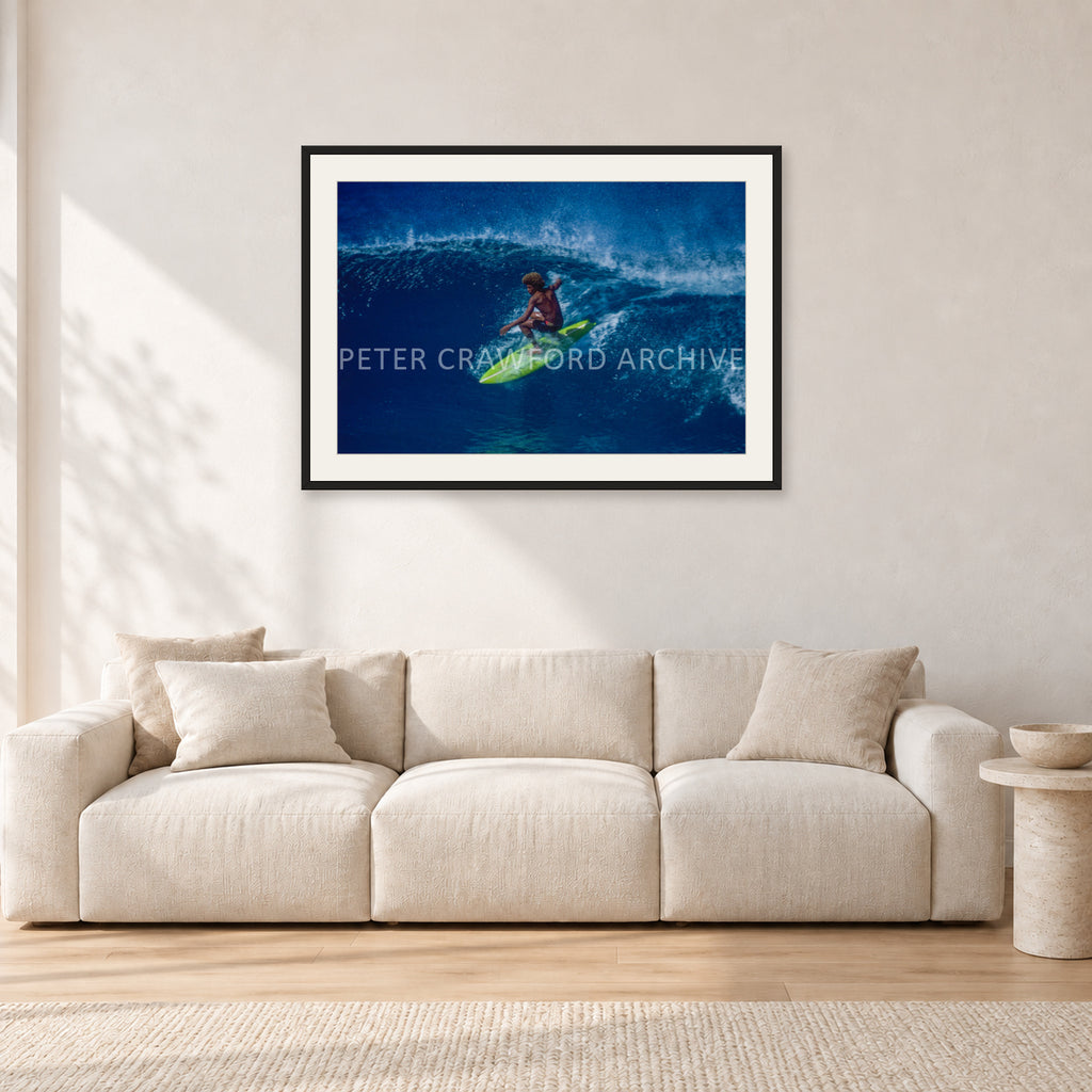 Buttons, Off The Wall 1975 by Peter Crawford — 90 × 60 cm, black frame with white mat, shown in a light minimalist living room.