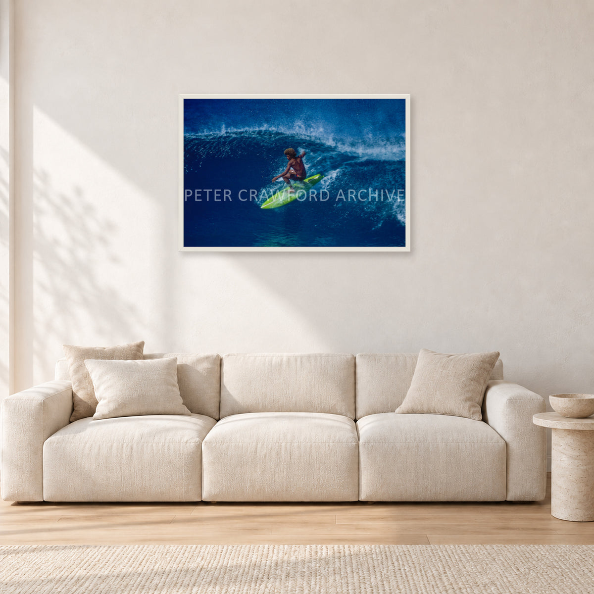 Buttons, Off The Wall 1975 by Peter Crawford — 90 × 60 cm, white frame, shown in a light minimalist living room.