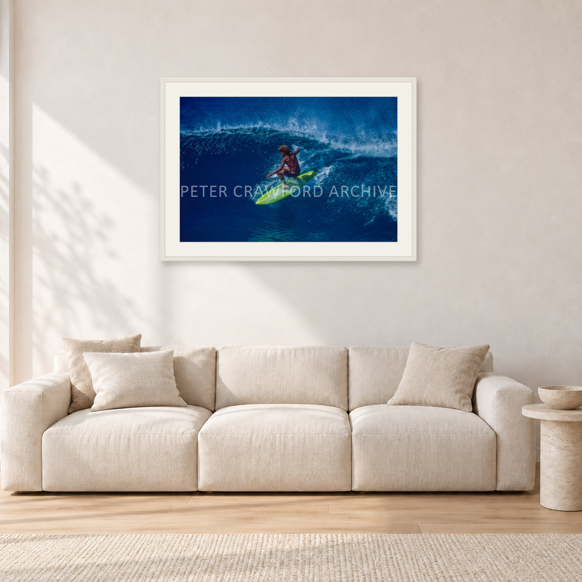 Buttons, Off The Wall 1975 by Peter Crawford — 90 × 60 cm, white frame with white mat, shown in a light minimalist living room.