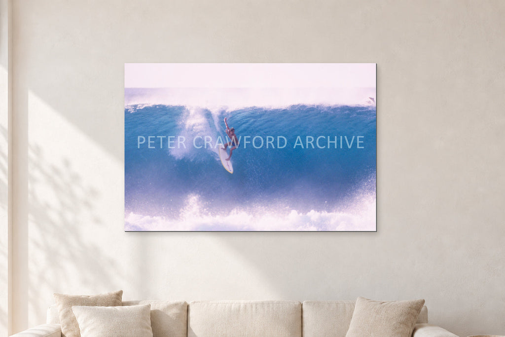 Buzzy, No Leash 1975 by Peter Crawford — 120 × 80 cm, aluminium-mounted resin print, shown in a light minimalist living room.