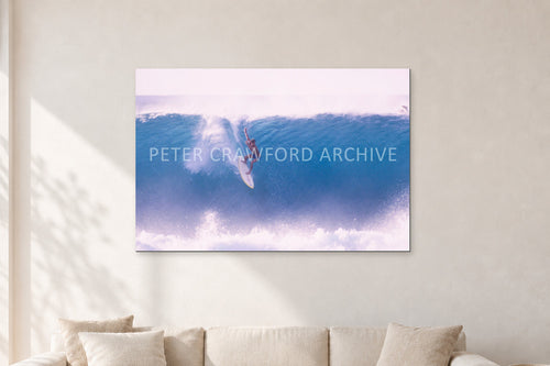 Buzzy, No Leash 1975 by Peter Crawford — 120 × 80 cm, aluminium-mounted resin print, shown in a light minimalist living room.