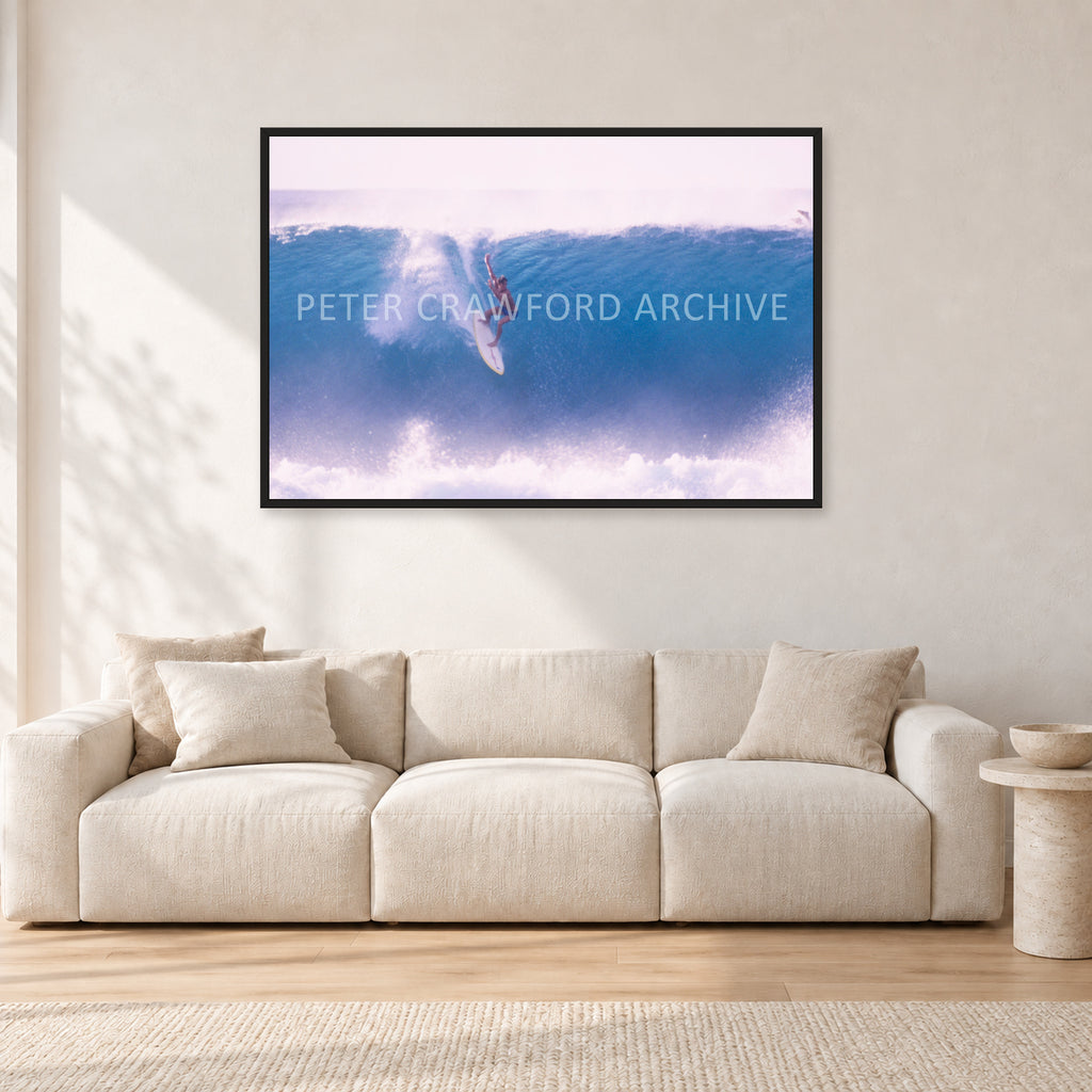 Buzzy, No Leash 1975 by Peter Crawford — 120 × 80 cm, black frame, shown in a light minimalist living room.