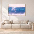 Buzzy, No Leash 1975 by Peter Crawford — 120 × 80 cm, hayseed frame, shown in a light minimalist living room.