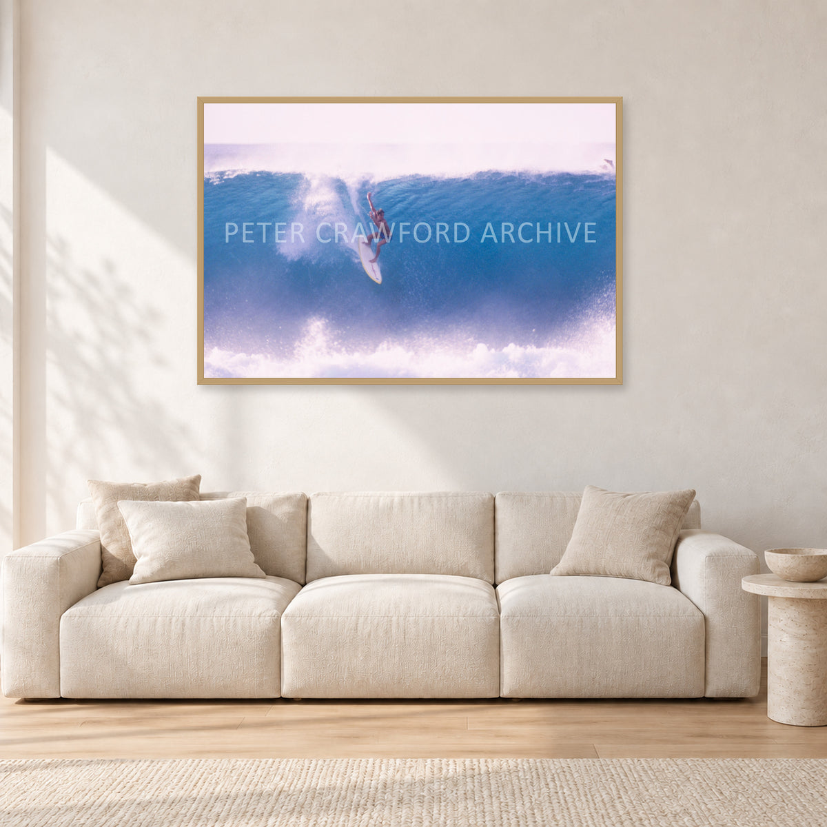 Buzzy, No Leash 1975 by Peter Crawford — 120 × 80 cm, hayseed frame, shown in a light minimalist living room.
