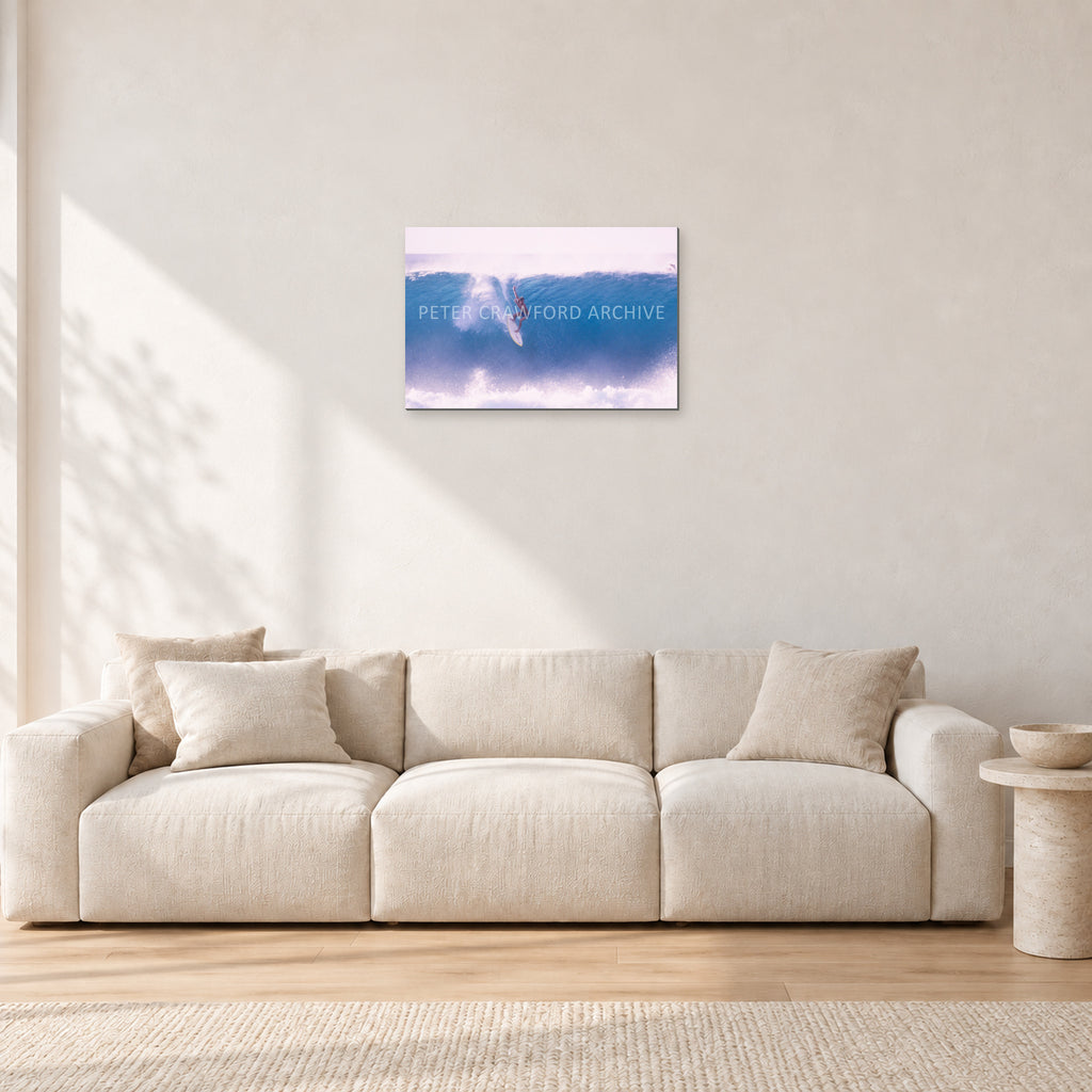 Buzzy, No Leash 1975 by Peter Crawford — 60 × 40 cm, aluminium-mounted resin print, shown in a light minimalist living room.