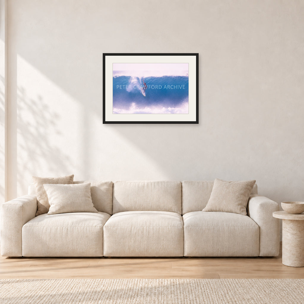 Buzzy, No Leash 1975 by Peter Crawford — 60 × 40 cm, black frame with white mat, shown in a light minimalist living room.