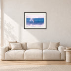 Buzzy, No Leash 1975 by Peter Crawford — 60 × 40 cm, black frame with white mat, shown in a light minimalist living room.