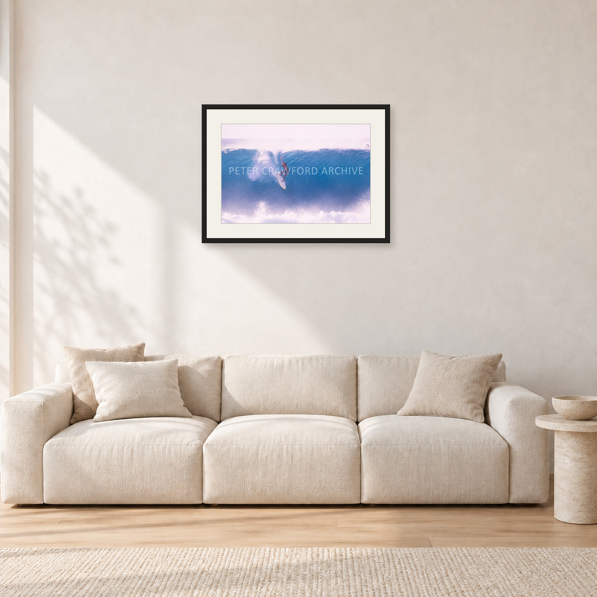 Buzzy, No Leash 1975 by Peter Crawford — 60 × 40 cm, black frame with white mat, shown in a light minimalist living room.