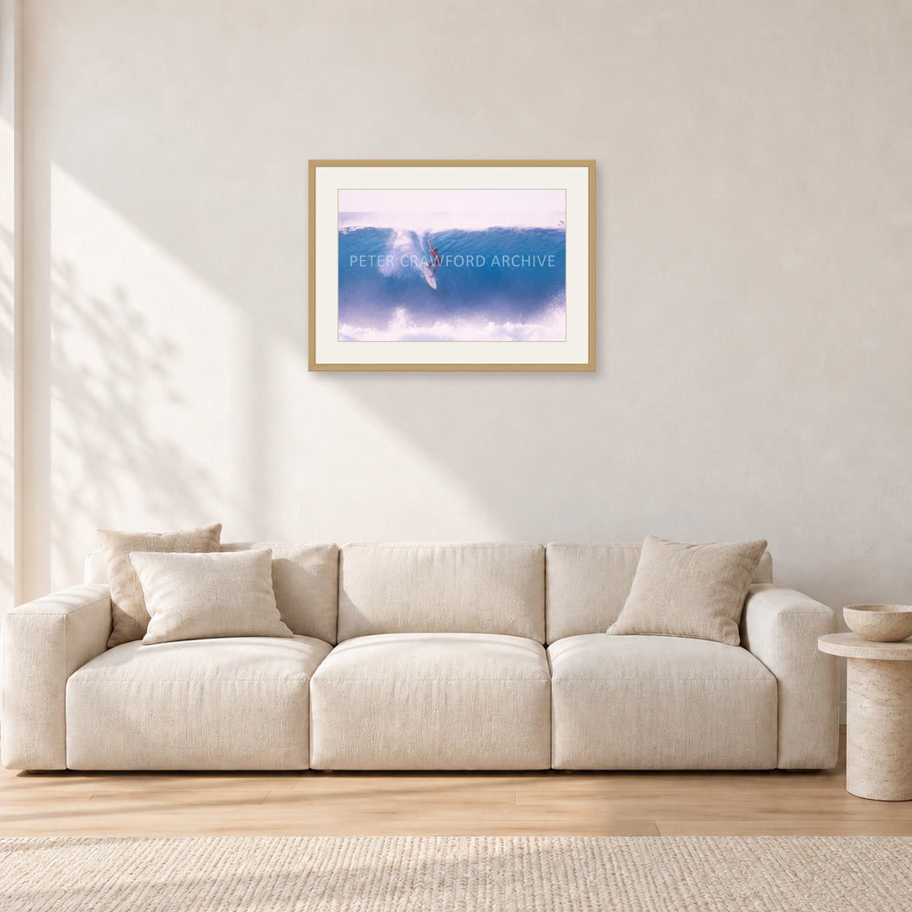 Buzzy, No Leash 1975 by Peter Crawford — 60 × 40 cm, hayseed frame with white mat, shown in a light minimalist living room.
