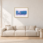 Buzzy, No Leash 1975 by Peter Crawford — 60 × 40 cm, hayseed frame with white mat, shown in a light minimalist living room.