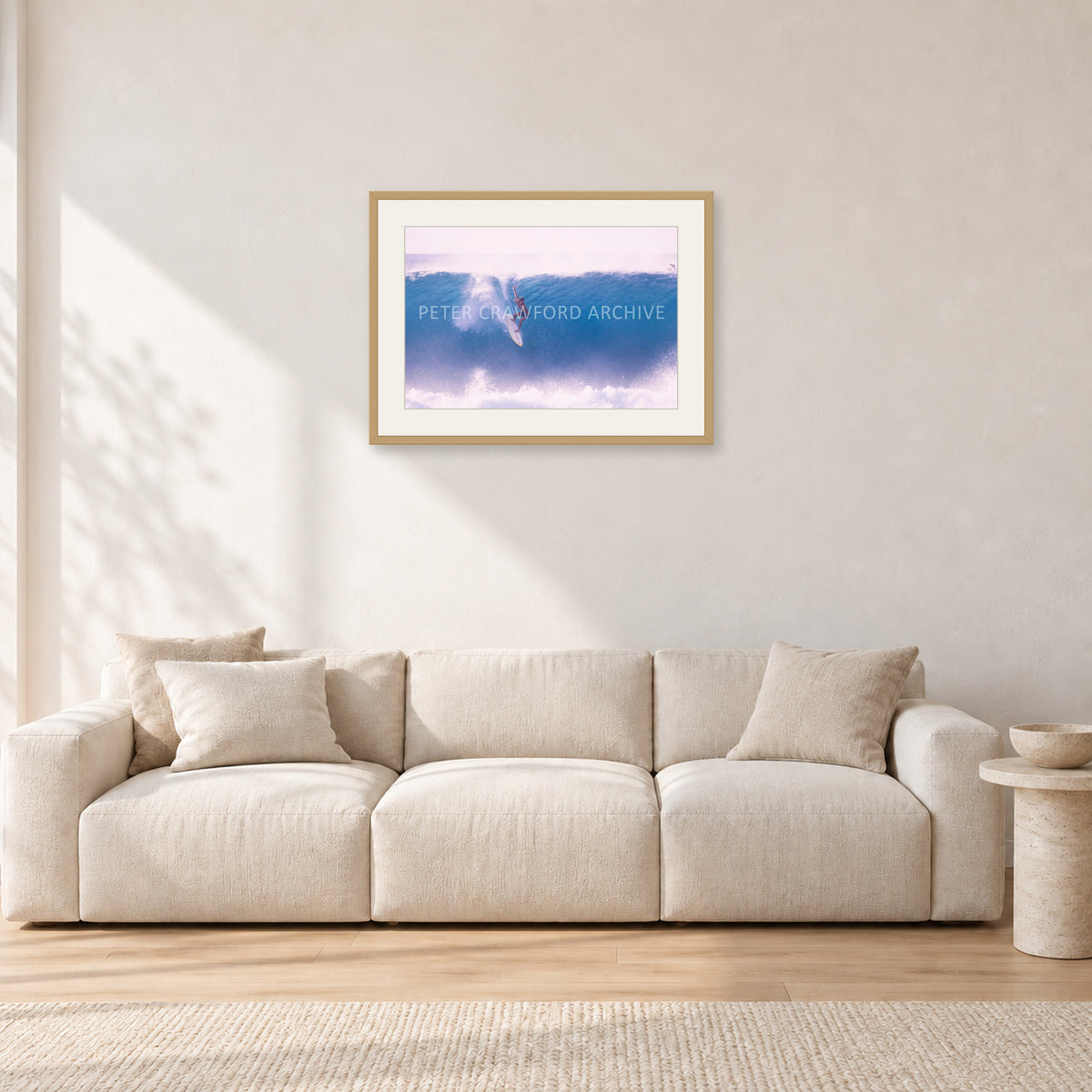 Buzzy, No Leash 1975 by Peter Crawford — 60 × 40 cm, hayseed frame with white mat, shown in a light minimalist living room.