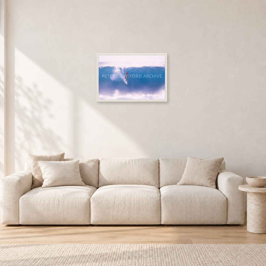 Buzzy, No Leash 1975 by Peter Crawford — 60 × 40 cm, white frame, shown in a light minimalist living room.