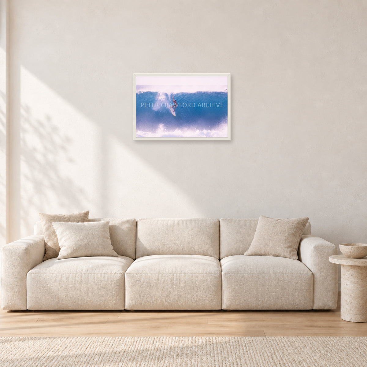 Buzzy, No Leash 1975 by Peter Crawford — 60 × 40 cm, white frame, shown in a light minimalist living room.