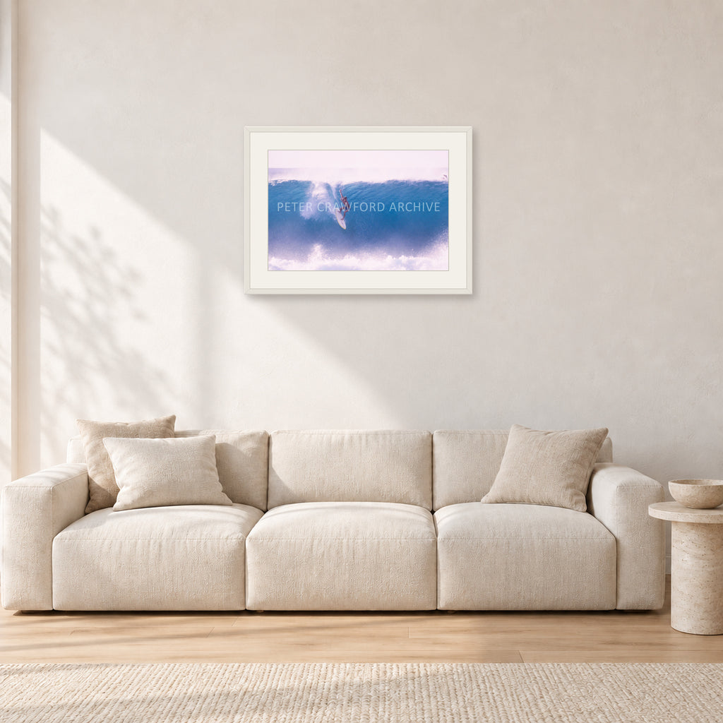Buzzy, No Leash 1975 by Peter Crawford — 60 × 40 cm, white frame with white mat, shown in a light minimalist living room.