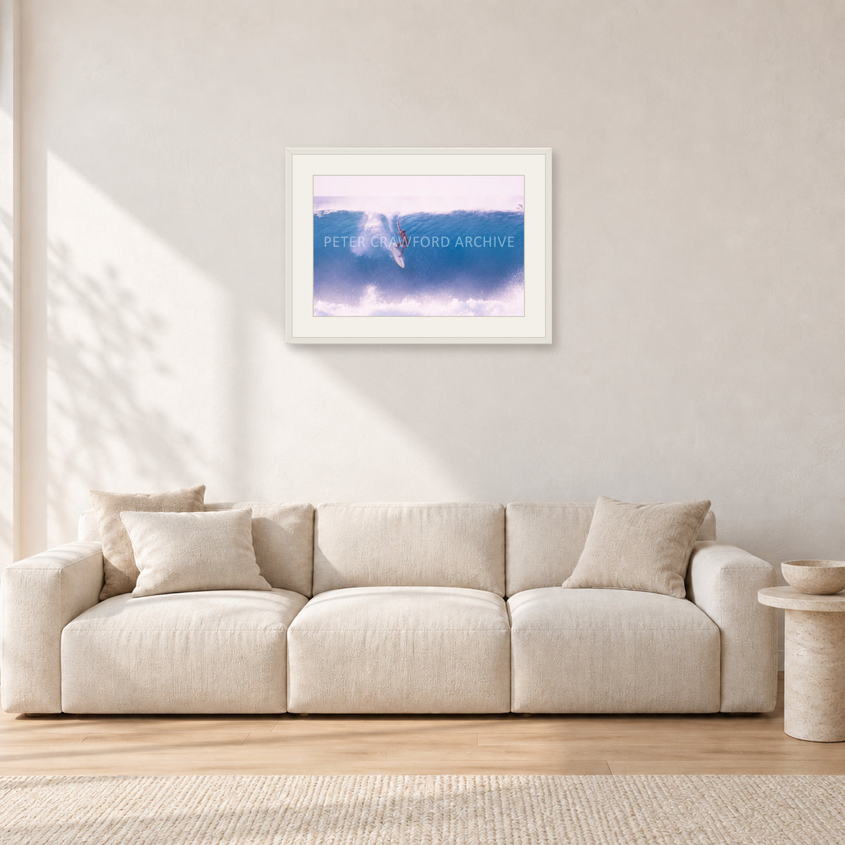 Buzzy, No Leash 1975 by Peter Crawford — 60 × 40 cm, white frame with white mat, shown in a light minimalist living room.