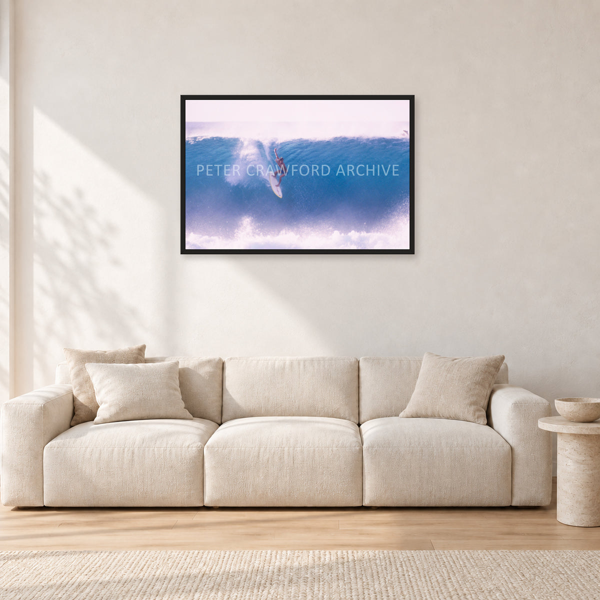 Buzzy, No Leash 1975 by Peter Crawford — 90 × 60 cm, black frame, shown in a light minimalist living room.