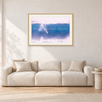 Buzzy, No Leash 1975 by Peter Crawford — 90 × 60 cm, hayseed frame with white mat, shown in a light minimalist living room.