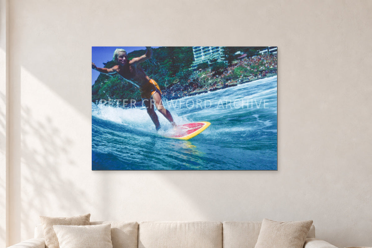 Cheyne Horan, Stubbies 1978 by Peter Crawford — 120 × 80 cm, aluminium-mounted resin print, shown in a light minimalist living room.