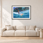 Cheyne Horan, Stubbies 1978 by Peter Crawford — 90 × 60 cm, black frame with white mat, shown in a light minimalist living room.