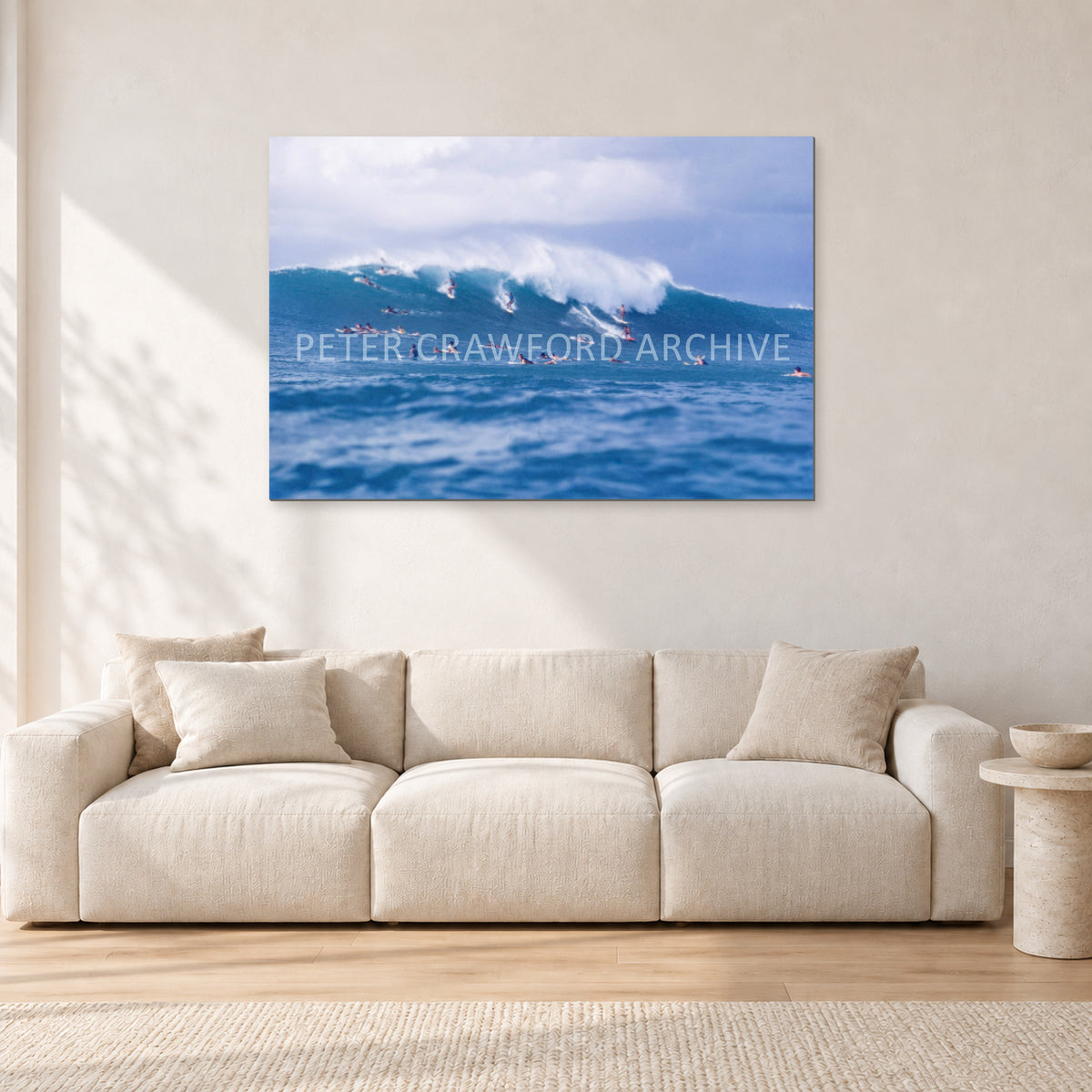 Composition Sunset, 1987 by Peter Crawford — 120 × 80 cm, aluminium-mounted resin print, shown in a light minimalist living room.