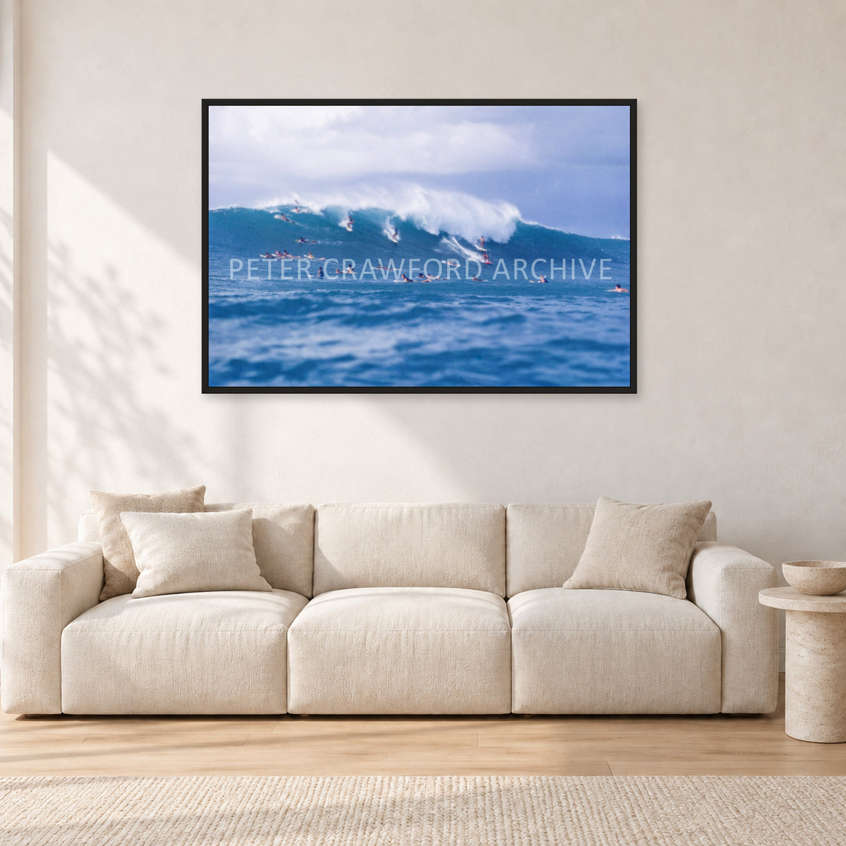 Composition Sunset, 1987 by Peter Crawford — 120 × 80 cm, black frame, shown in a light minimalist living room.