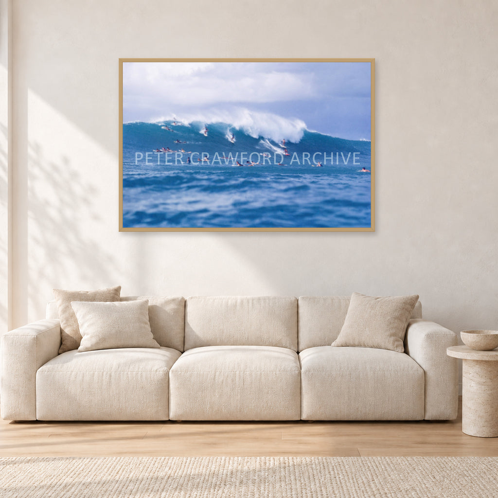 Composition Sunset, 1987 by Peter Crawford — 120 × 80 cm, hayseed frame, shown in a light minimalist living room.