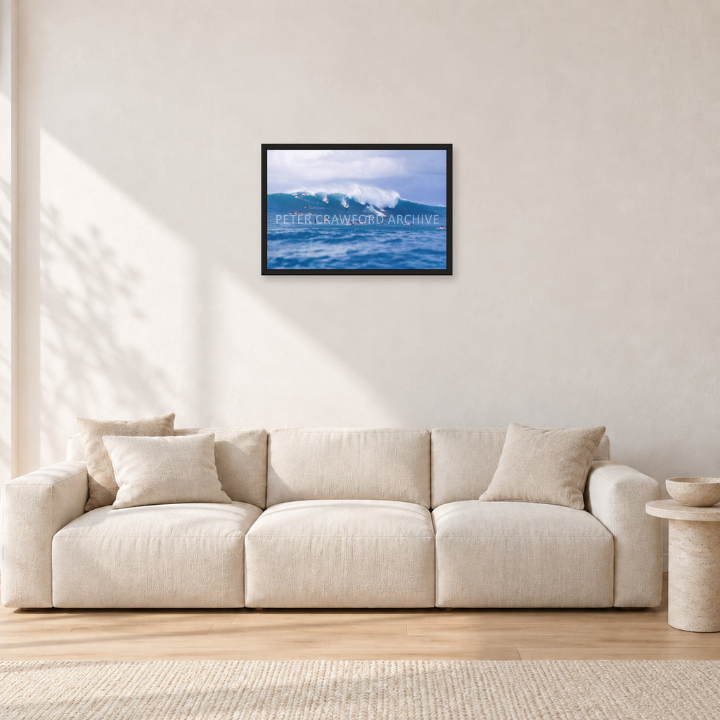 Composition Sunset, 1987 by Peter Crawford — 60 × 40 cm, black frame, shown in a light minimalist living room.