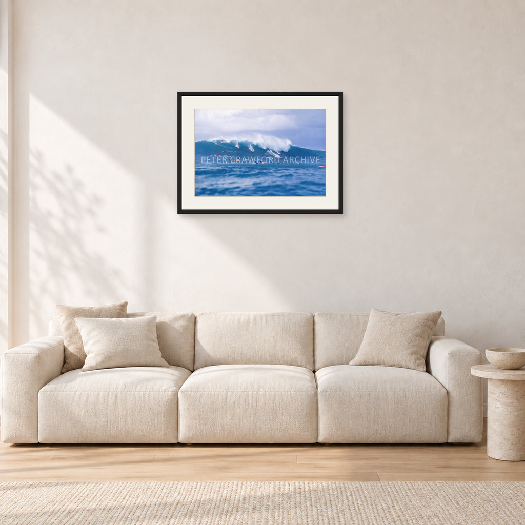 Composition Sunset, 1987 by Peter Crawford — 60 × 40 cm, black frame with white mat, shown in a light minimalist living room.