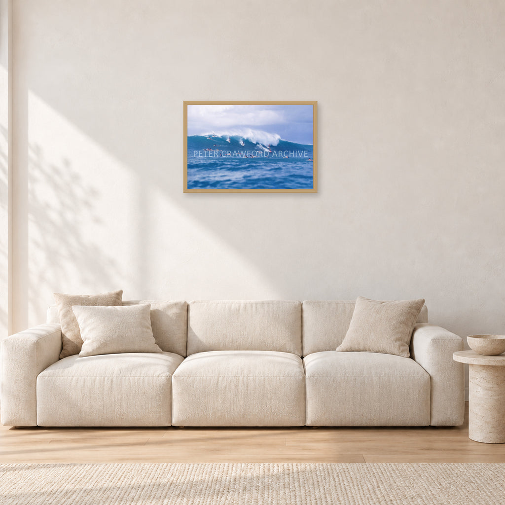 Composition Sunset, 1987 by Peter Crawford — 60 × 40 cm, hayseed frame, shown in a light minimalist living room.