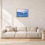Composition Sunset, 1987 by Peter Crawford — 60 × 40 cm, hayseed frame, shown in a light minimalist living room.