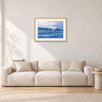 Composition Sunset, 1987 by Peter Crawford — 60 × 40 cm, hayseed frame with white mat, shown in a light minimalist living room.