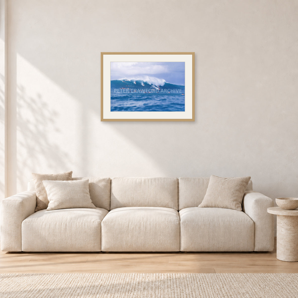 Composition Sunset, 1987 by Peter Crawford — 60 × 40 cm, hayseed frame with white mat, shown in a light minimalist living room.
