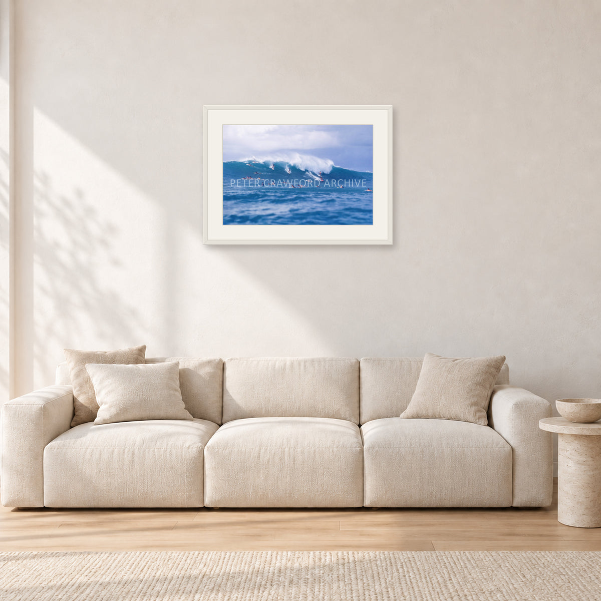 Composition Sunset, 1987 by Peter Crawford — 60 × 40 cm, white frame with white mat, shown in a light minimalist living room.