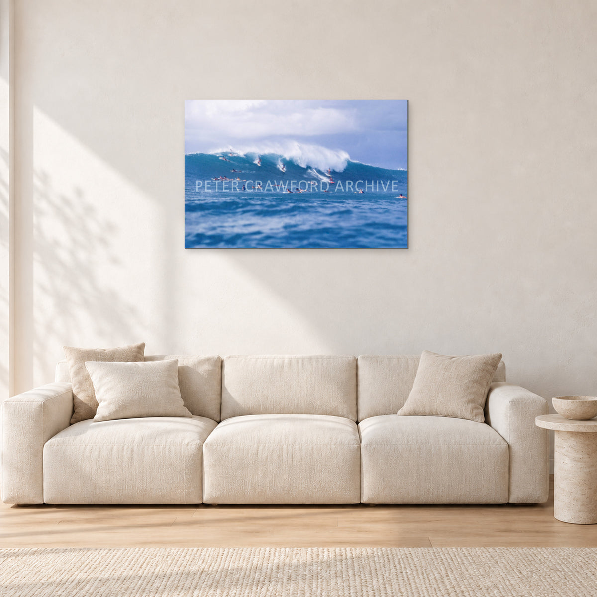 Composition Sunset, 1987 by Peter Crawford — 90 × 60 cm, aluminium-mounted resin print, shown in a light minimalist living room.