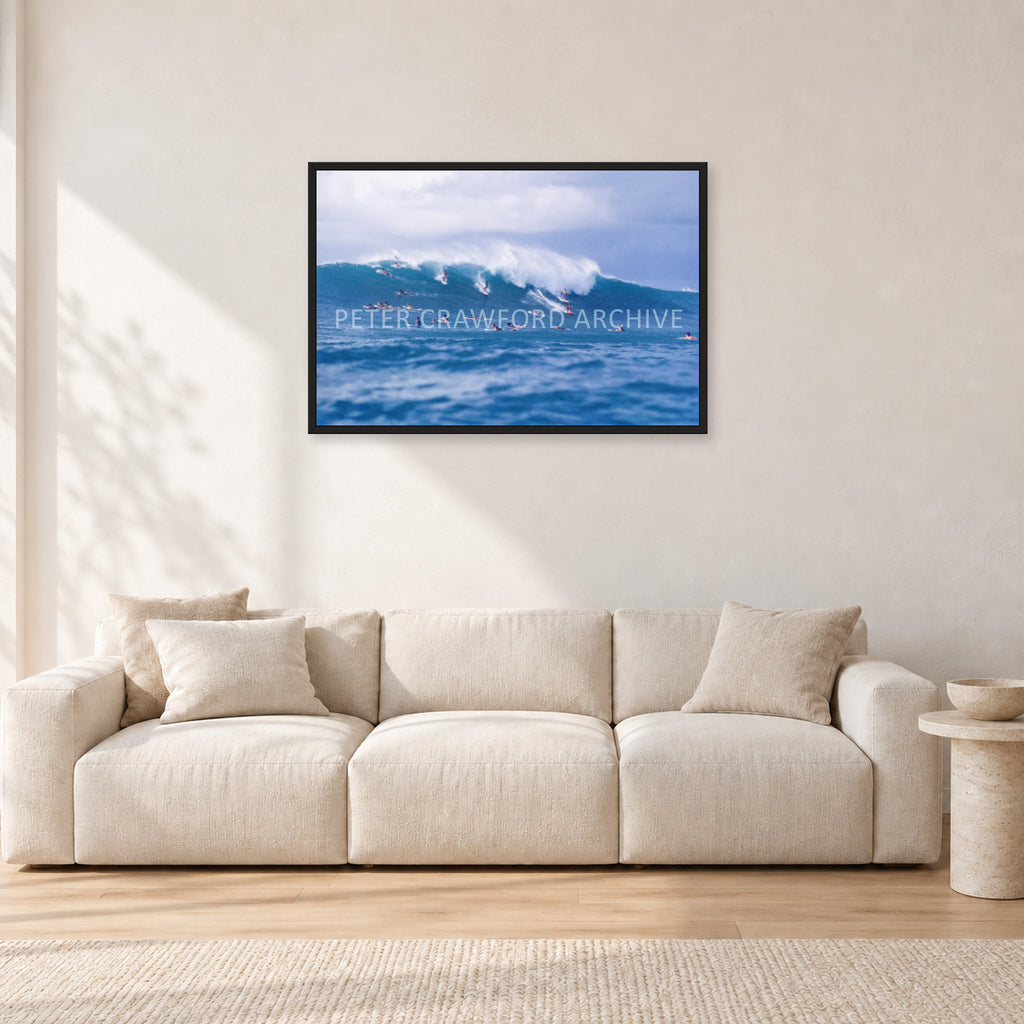 Composition Sunset, 1987 by Peter Crawford — 90 × 60 cm, black frame, shown in a light minimalist living room.
