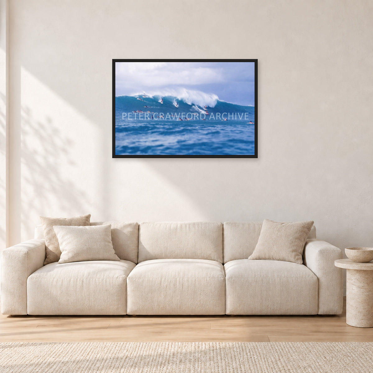 Composition Sunset, 1987 by Peter Crawford — 90 × 60 cm, black frame, shown in a light minimalist living room.