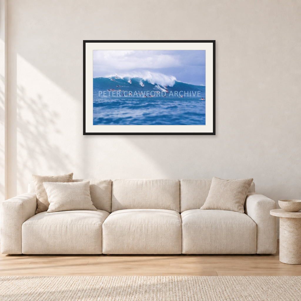 Composition Sunset, 1987 by Peter Crawford — 90 × 60 cm, black frame with white mat, shown in a light minimalist living room.