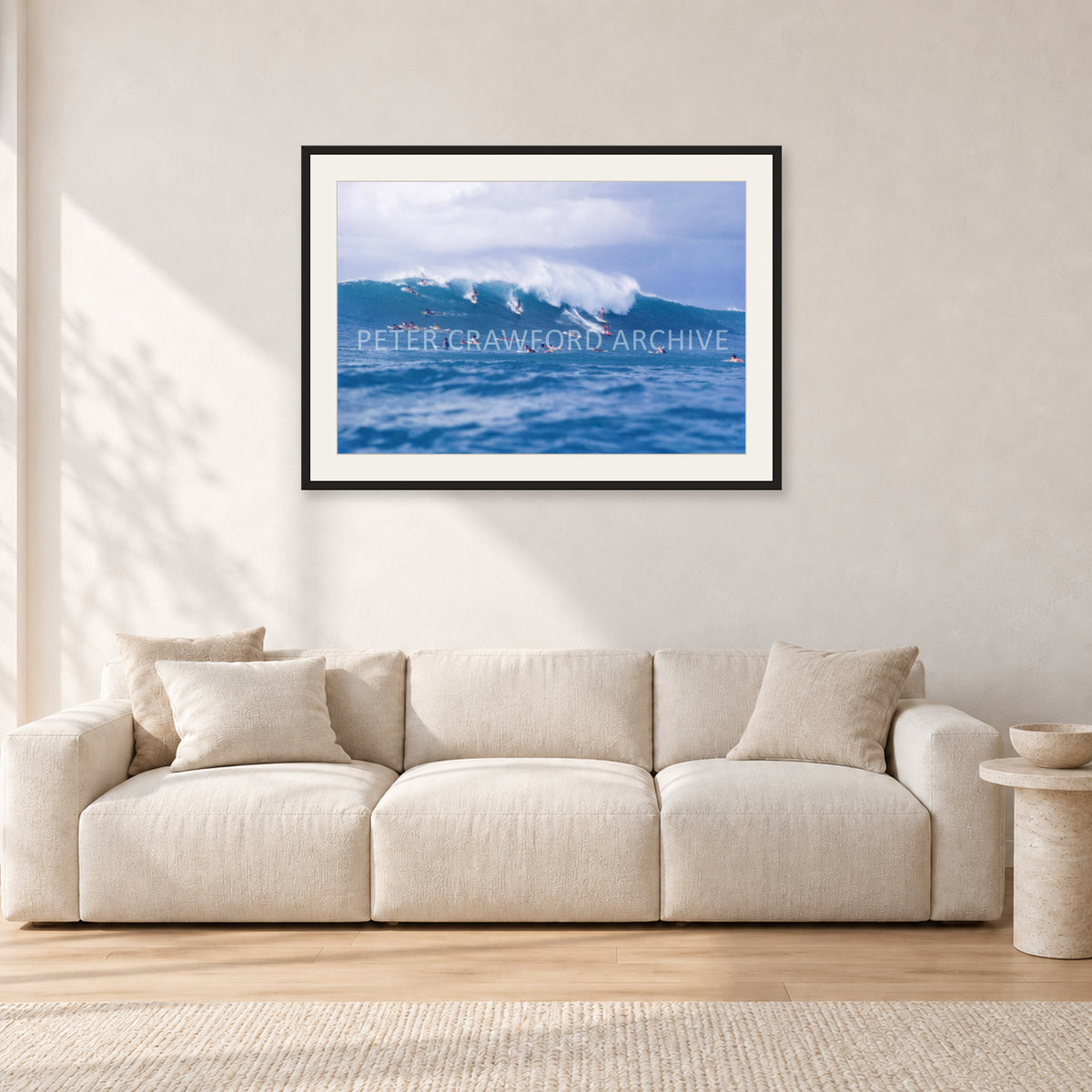 Composition Sunset, 1987 by Peter Crawford — 90 × 60 cm, black frame with white mat, shown in a light minimalist living room.