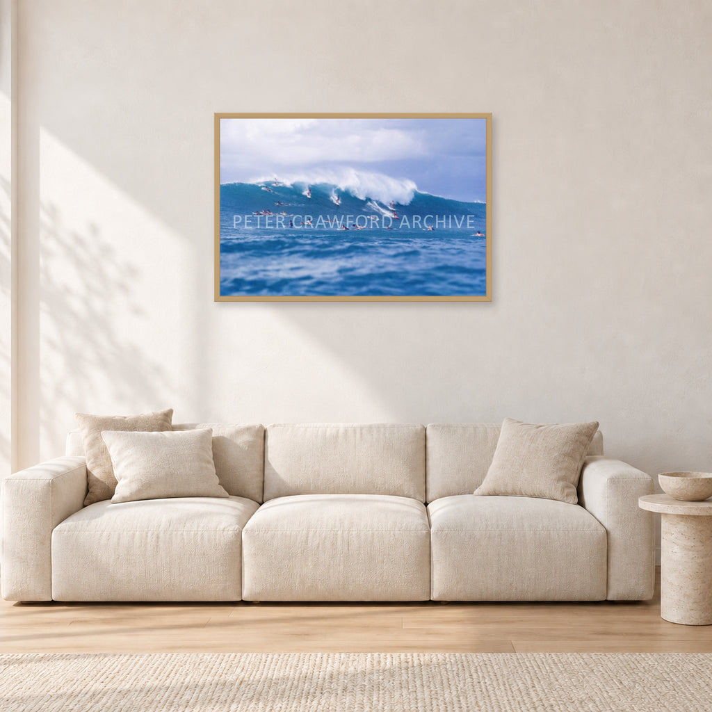 Composition Sunset, 1987 by Peter Crawford — 90 × 60 cm, hayseed frame, shown in a light minimalist living room.