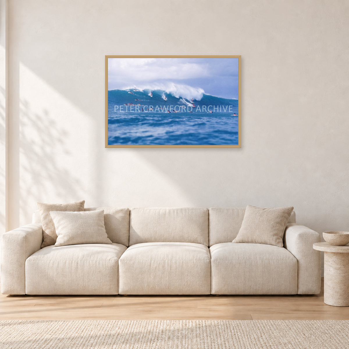Composition Sunset, 1987 by Peter Crawford — 90 × 60 cm, hayseed frame, shown in a light minimalist living room.