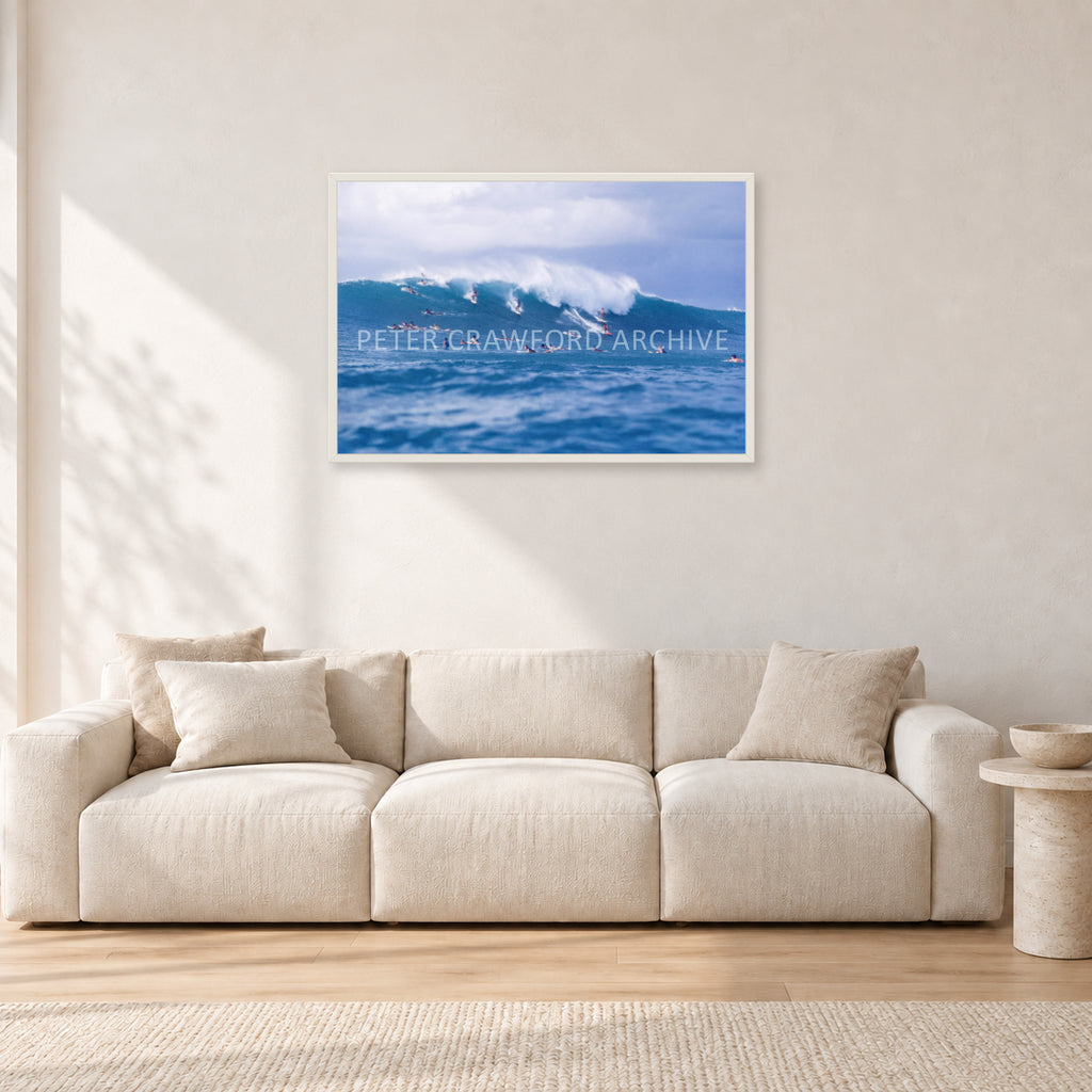 Composition Sunset, 1987 by Peter Crawford — 90 × 60 cm, white frame, shown in a light minimalist living room.